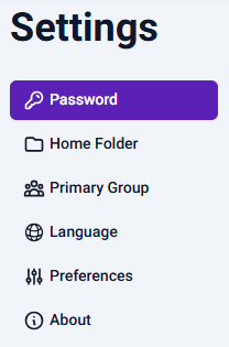 Settings menu containing tabs for Password, Home Folder, Primary Groups, Language, and preferences.
